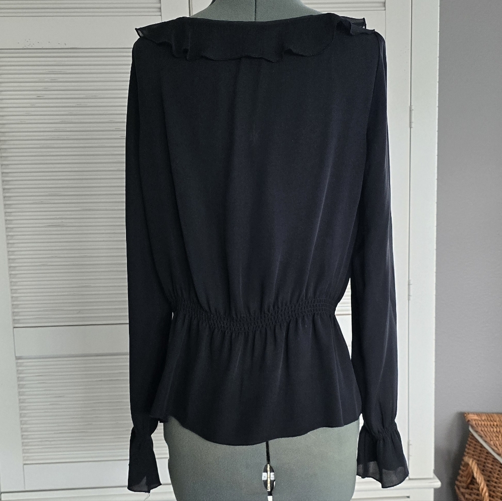 White House Black Market | Silk Black Ruffle Blouse - Picture 4 of 7